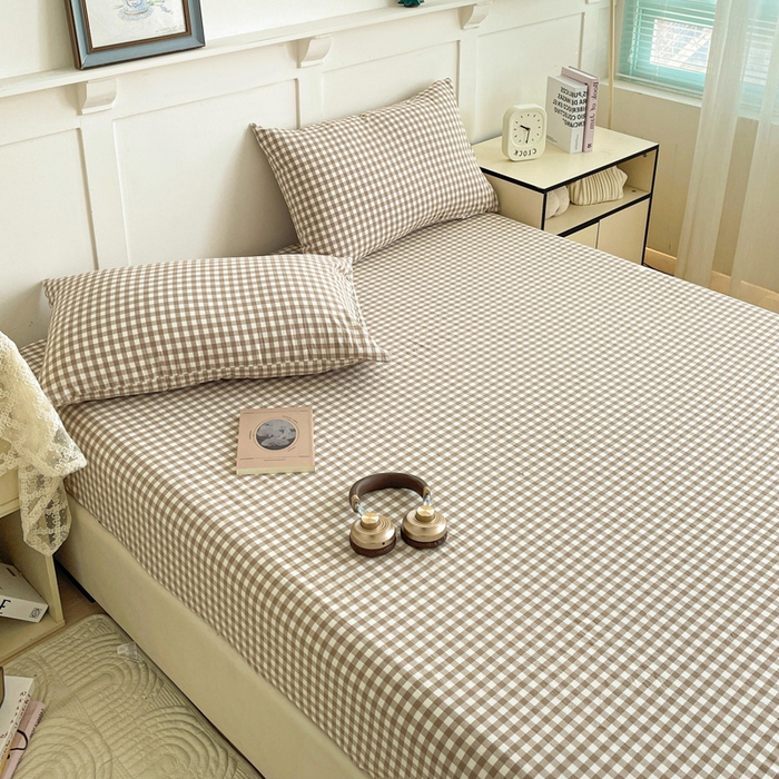 91家纺网 家纺一手货源 找家纺 2025新款全棉水洗棉套件-单床笠 米小格