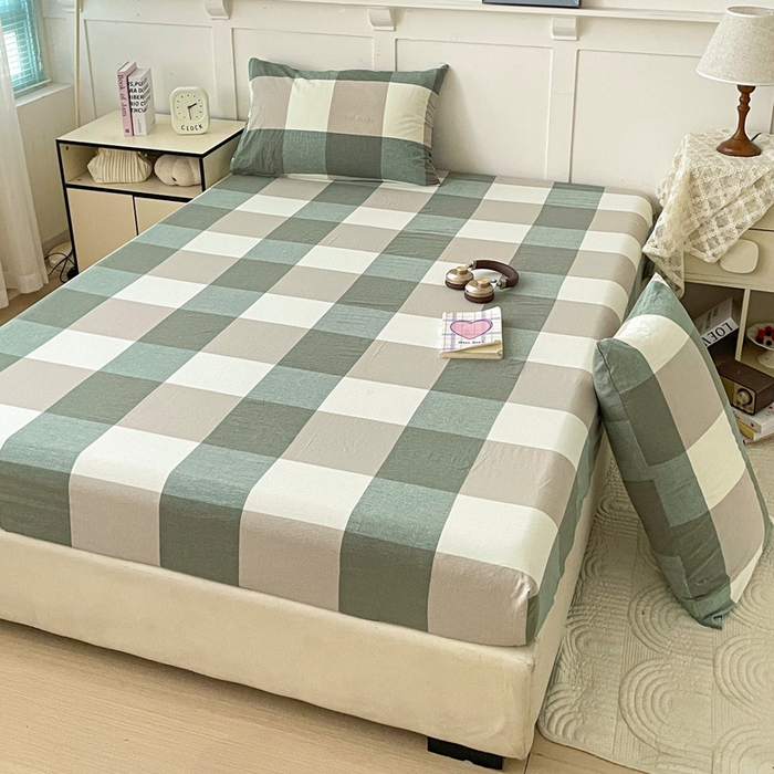 91家纺网 家纺一手货源 找家纺 2025新款全棉水洗棉套件-单床笠 绿大格