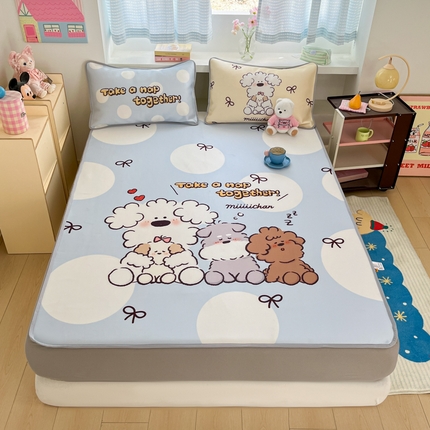 金爱家 2025新款正版授权miiiiichan可爱卡通大版数码印花A类1200D冰感丝凉感席冰丝三件套平铺床笠系列 点点泡芙狗