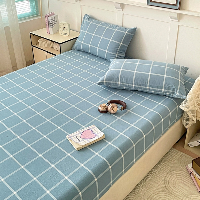 91家纺网 家纺一手货源 找家纺 2025新款全棉水洗棉套件-单床笠 蓝灰中格