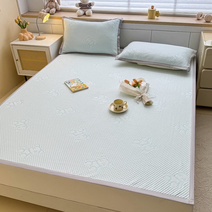 91家纺网 家纺一手货源 找家纺 999家纺   2025新款凉感提花冰豆豆凉席三件套 冰块熊-蓝（凉席款）