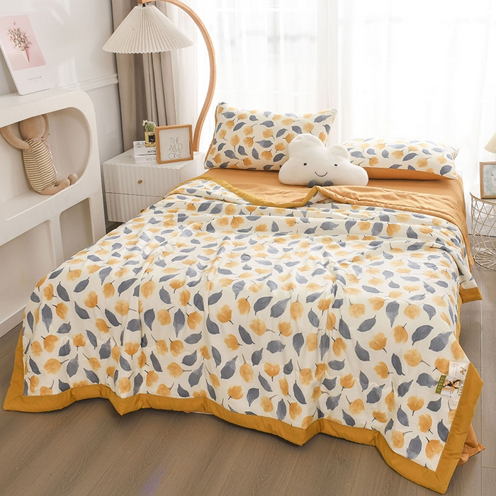 91家纺网 家纺一手货源 找家纺 红日子纺织品 2025新款棉麻夏被四件套 漫花-黄