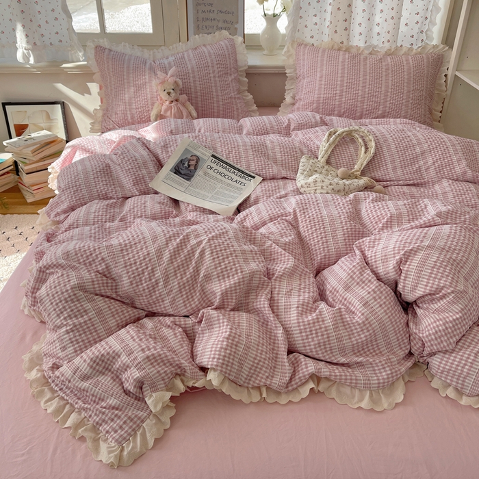 91家纺网 家纺一手货源 找家纺 （总）轻奢坊 2025新款色织提花格子水洗棉仙仙花边安妮四件套