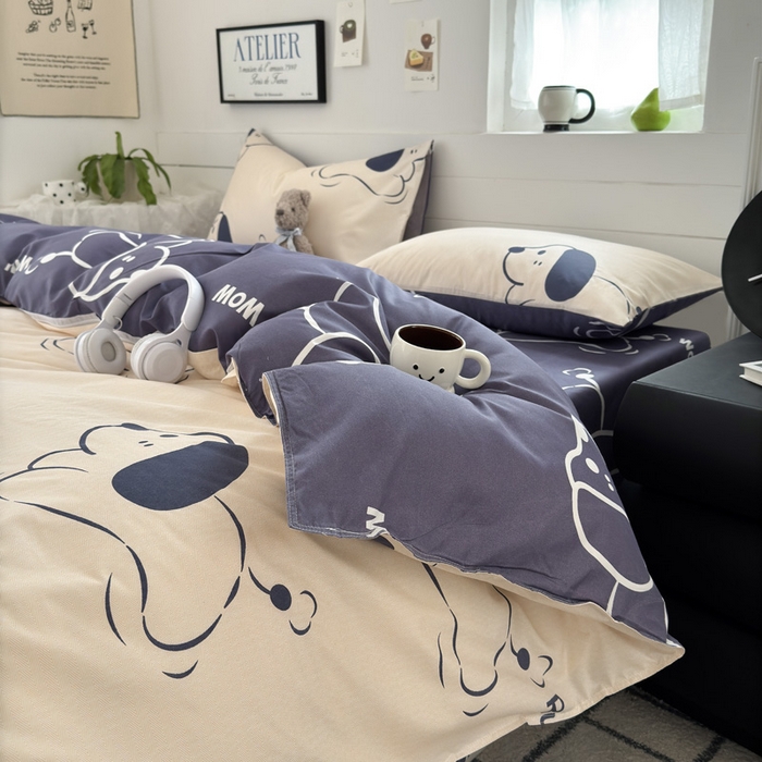 91家纺网 家纺一手货源 找家纺 可可家纺 2025新款印花卡通芦荟棉四件套亲肤床单被套三件套 欢乐小狗