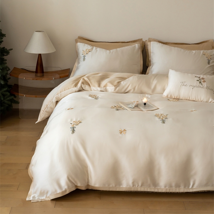 91家纺网 家纺一手货源 找家纺 FORTWO家纺原创设计（FOR TWO家纺） 2025新款60支兰精天丝毛巾绣四件套-断角款 小确幸