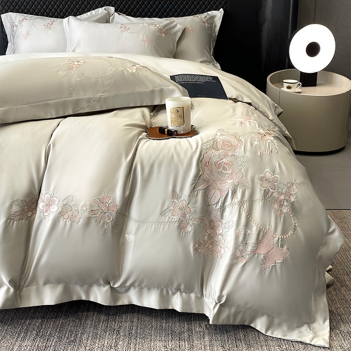 91家纺网 家纺一手货源 找家纺 优悦 2025新款冰丝简奢绣花四件套 雅韵佳人-绿