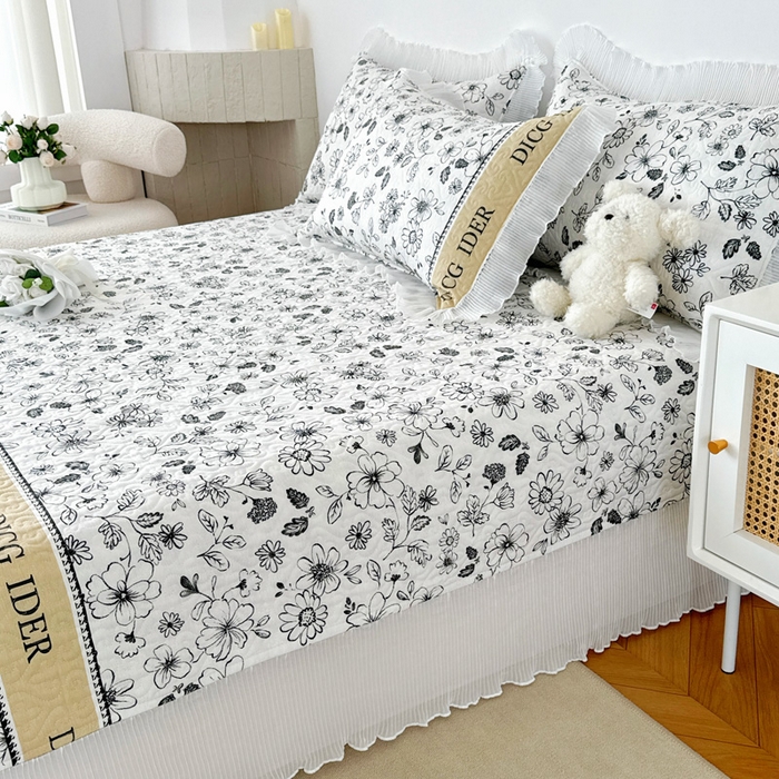 91家纺网 家纺一手货源 找家纺 添越 2024小清新韩版蕾丝花边纯棉夹棉床盖三件套全棉洛莉