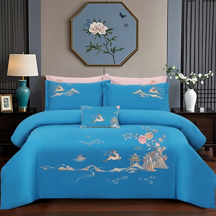 浩情国际婚庆供货中心 2026新款100支全棉高端刺绣四件套一鹿常红系列 一鹿常红-宝石兰