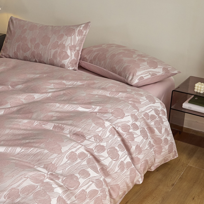 91家纺网 家纺一手货源 找家纺 琪格格纺织  2025新款色织天丝棉提花四件套 风之语-粉紫