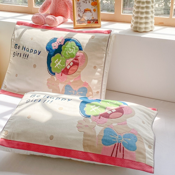 91家纺网 家纺一手货源 找家纺 美宜家 2025新款40*60儿童纯棉A类纱布枕巾乳胶专用高档枕巾 快乐 一只