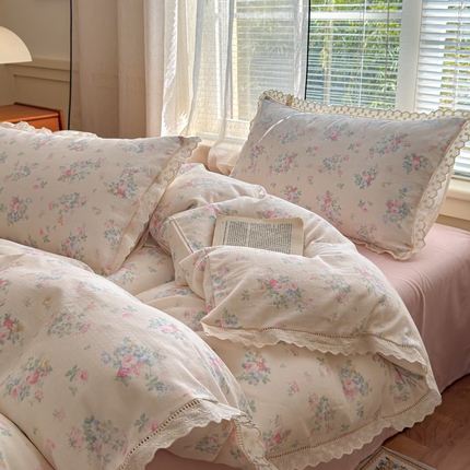 曼之夏 2025新款A类全棉双层纱花边四件套 茉莉