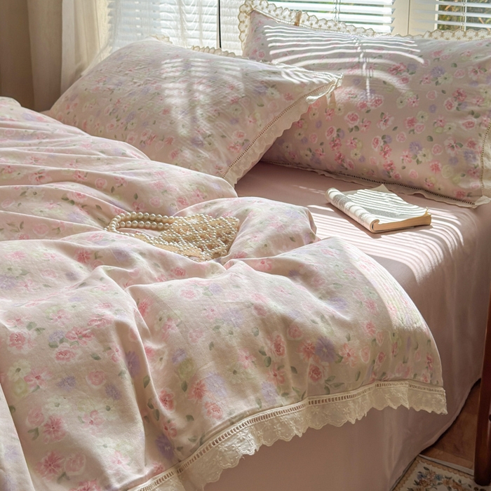 91家纺网 家纺一手货源 找家纺 曼之夏 2025新款A类全棉双层纱花边四件套 晚香玉