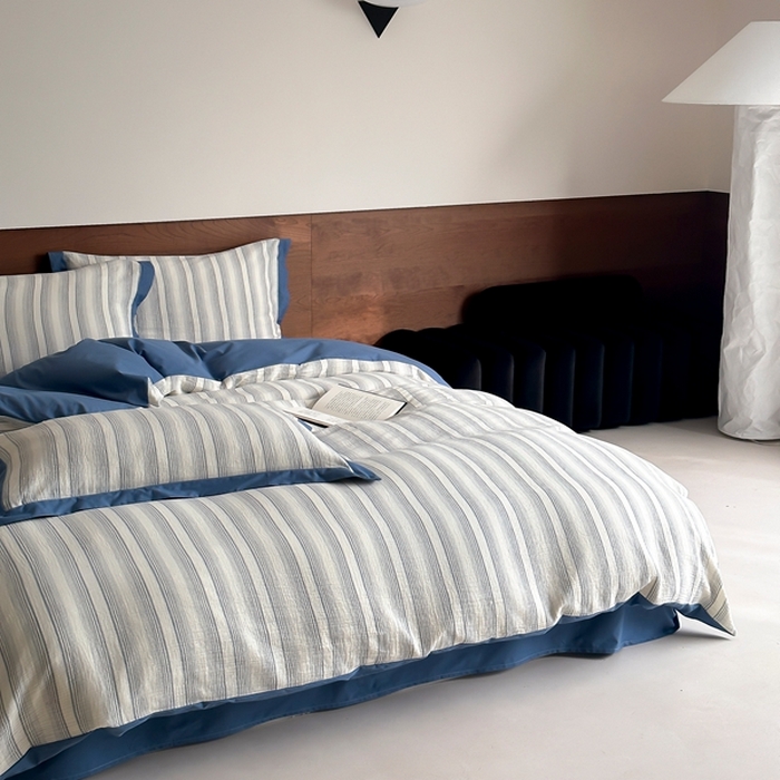 91家纺网 家纺一手货源 找家纺 旷野2025新款全棉纯棉A类婴幼儿级双层纱皱皱纱四件套 理想三旬-蓝