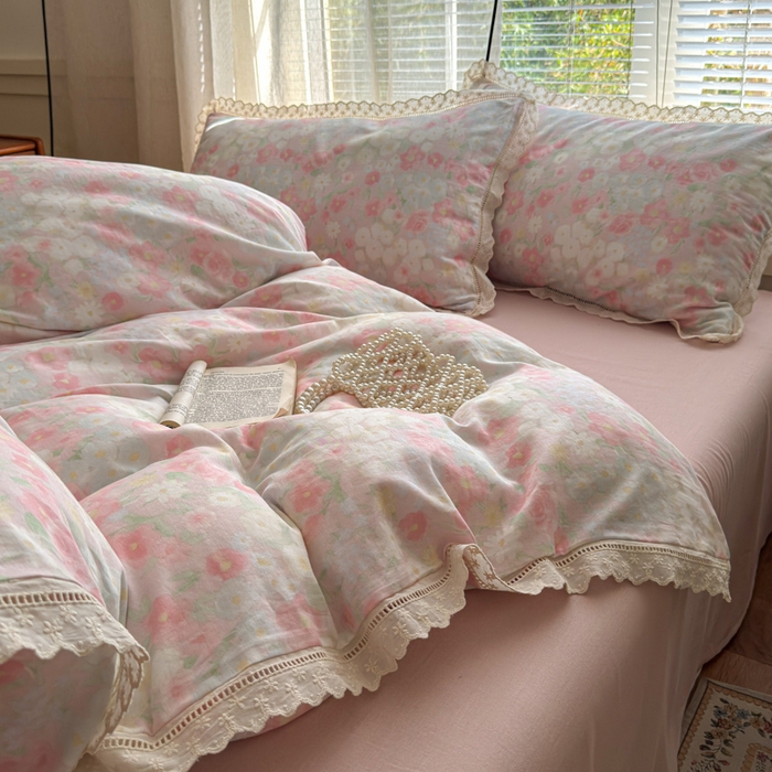 91家纺网 家纺一手货源 找家纺 曼之夏 2025新款A类全棉双层纱花边四件套 春风里