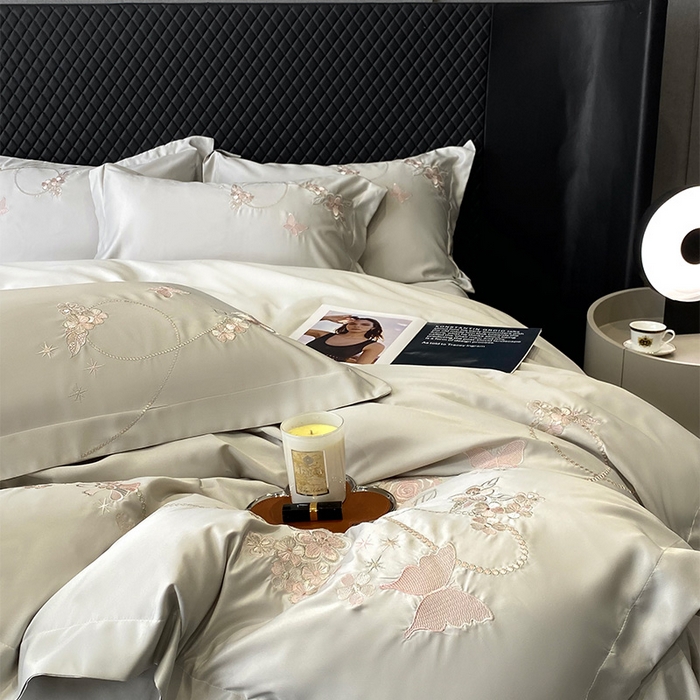 91家纺网 家纺一手货源 找家纺 优悦 2025新款冰丝简奢绣花四件套 雅韵佳人-绿