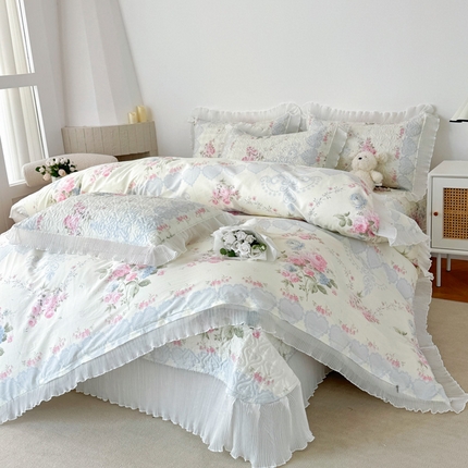 添越 2024小清新韩版蕾丝花边纯棉夹棉床盖三件套全棉恋爱季节