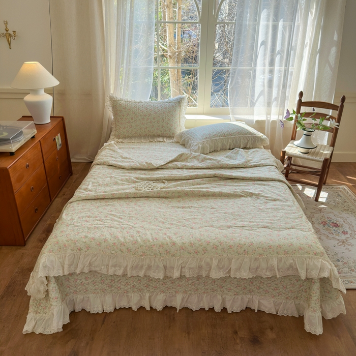 91家纺网 家纺一手货源 找家纺 淑女公社家纺  2025春夏新款法式纯棉双层纱夏被床盖四件套 春天里