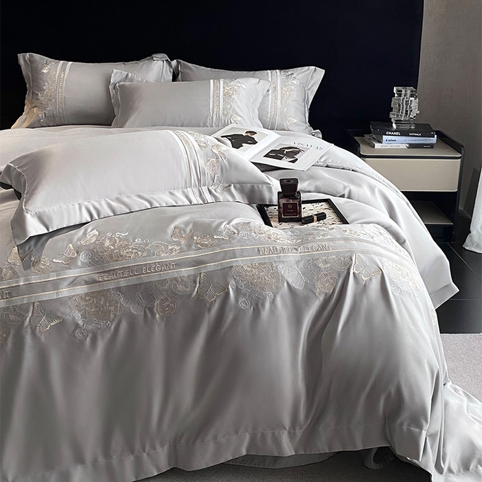 91家纺网 家纺一手货源 找家纺 优悦 2025新款冰丝简奢绣花四件套 巴黎旧梦-灰