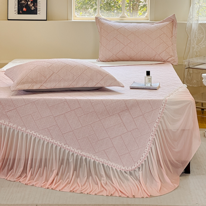 91家纺网 家纺一手货源 找家纺 棉生活家纺 2025新款高端款冰离子超软按摩凉席 方格-粉-床笠款