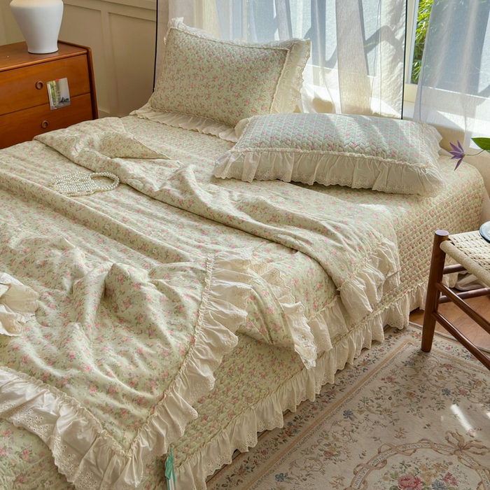 91家纺网 家纺一手货源 找家纺 淑女公社家纺  2025春夏新款法式纯棉双层纱夏被床盖四件套 春天里