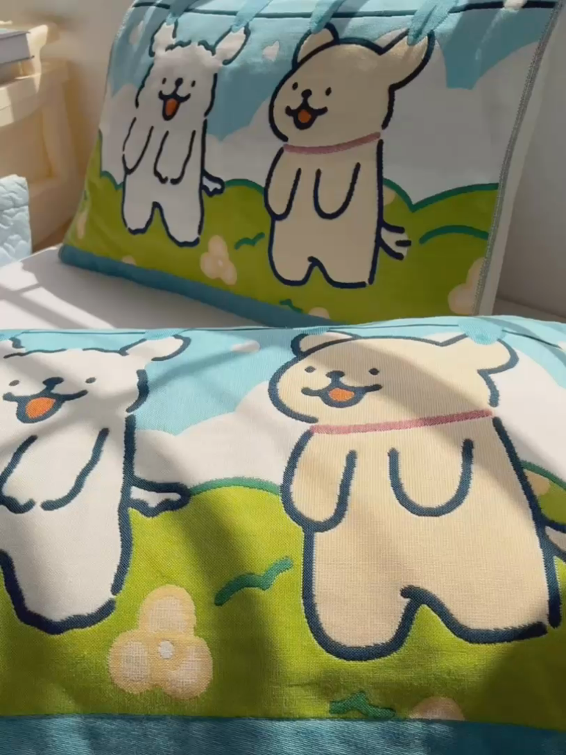 91家纺网 家纺一手货源 找家纺 美宜家 2025新款40*60儿童纯棉A类纱布枕巾乳胶专用高档枕巾 旺旺狗 一只