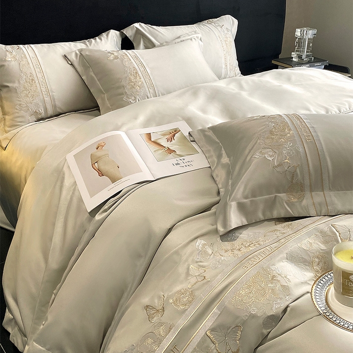 91家纺网 家纺一手货源 找家纺 优悦 2025新款冰丝简奢绣花四件套 巴黎旧梦-绿