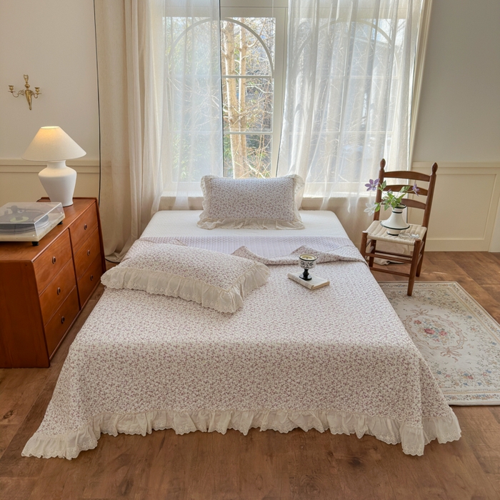 91家纺网 家纺一手货源 找家纺 淑女公社家纺  2025春夏新款法式纯棉双层纱夏被床盖四件套 悦颜 紫