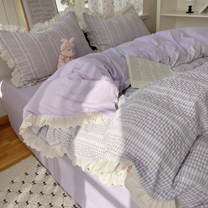 轻奢坊 2025新款色织提花格子水洗棉仙仙花边安妮四件套 花边安妮-紫