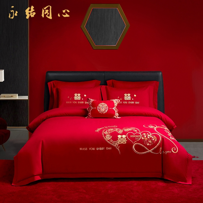 91家纺网 家纺一手货源 找家纺 晶缦家纺 2025新款喷气全棉13376婚庆绣花四件套 永结同心