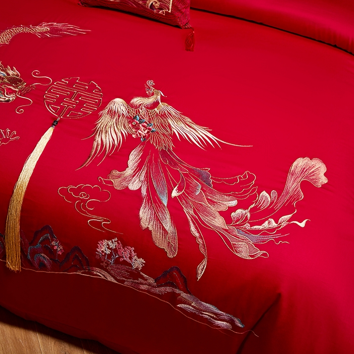 91家纺网 家纺一手货源 找家纺 晶缦家纺 2025新款喷气全棉13376婚庆绣花四件套 龙凤传玺