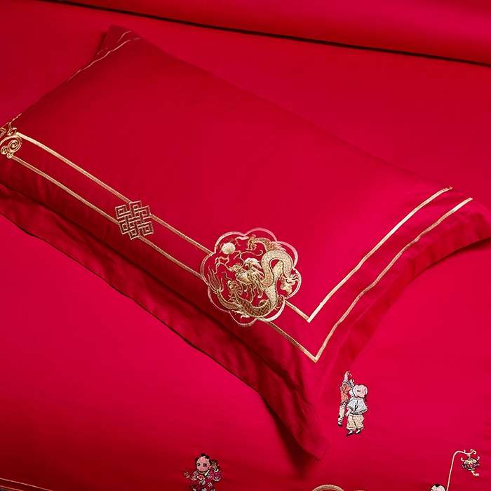 91家纺网 家纺一手货源 找家纺 晶缦家纺 2025新款喷气全棉13376婚庆绣花四件套 麒麟送子