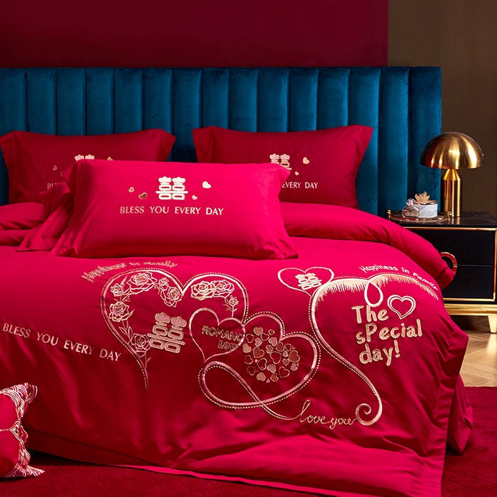 91家纺网 家纺一手货源 找家纺 晶缦家纺 2025新款喷气全棉13376婚庆绣花四件套 永结同心