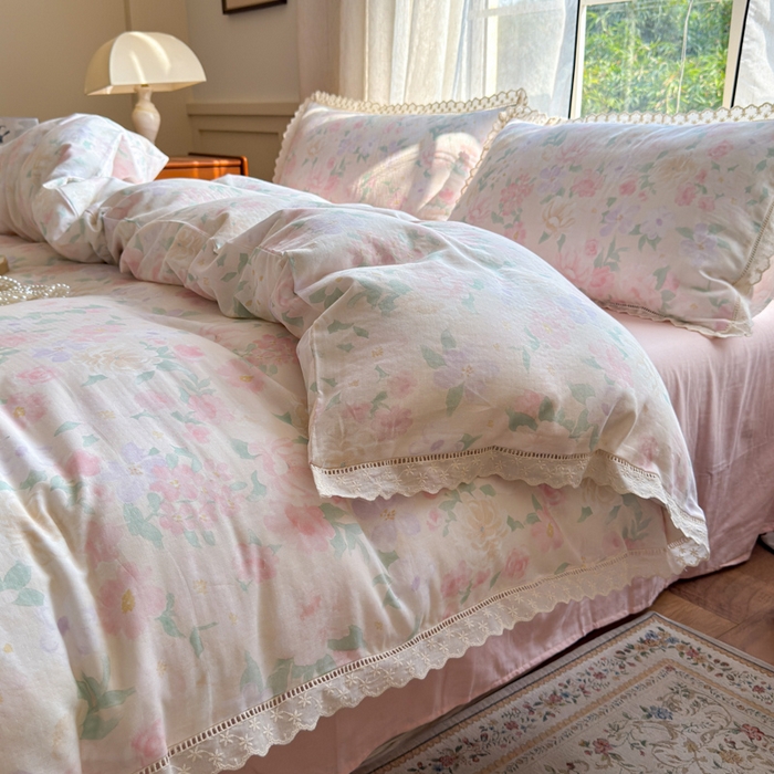 91家纺网 家纺一手货源 找家纺 曼之夏 2025新款A类全棉双层纱花边四件套 如梦令