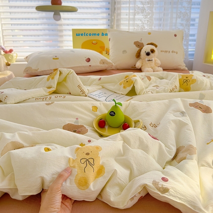 颜选 2025新款绵柔水洗棉夏被四件套 蝴蝶结熊