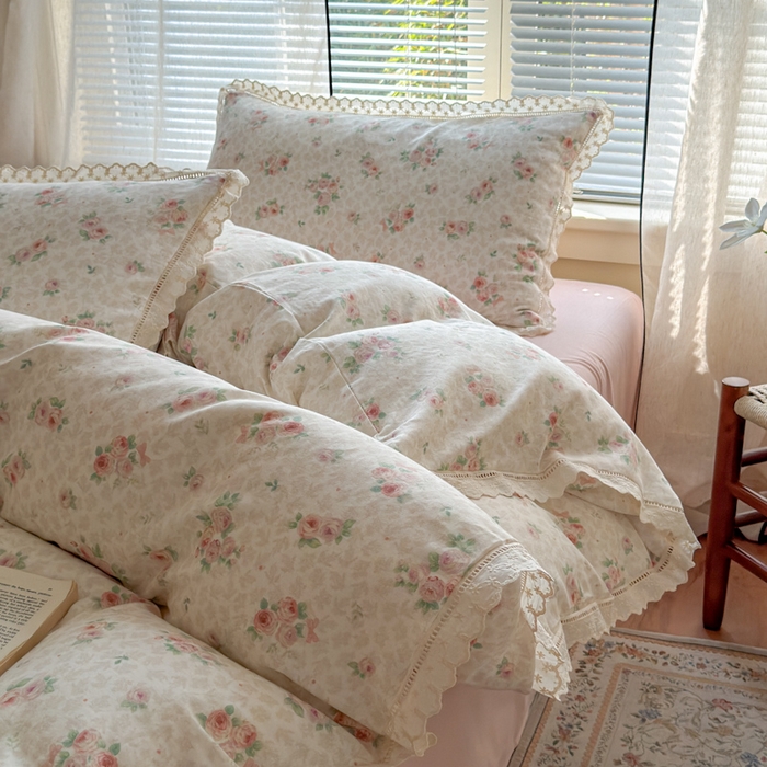 91家纺网 家纺一手货源 找家纺 曼之夏 2025新款A类全棉双层纱花边四件套 洛神玫瑰