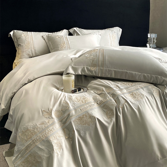 91家纺网 家纺一手货源 找家纺 优悦 2025新款冰丝简奢绣花四件套 巴黎旧梦-绿