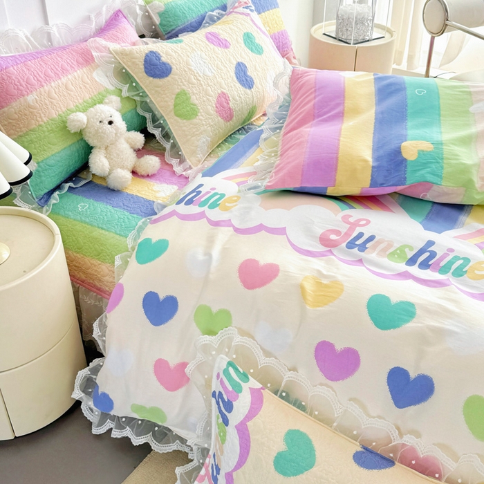 91家纺网 家纺一手货源 找家纺 添越 2024新款雪纺蕾丝款纯棉床盖四件套小彩虹