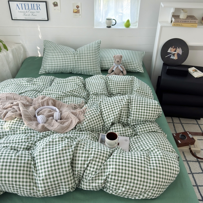 91家纺网 家纺一手货源 找家纺 可可家纺 2025新款印花卡通芦荟棉四件套亲肤床单被套三件套 绿小格