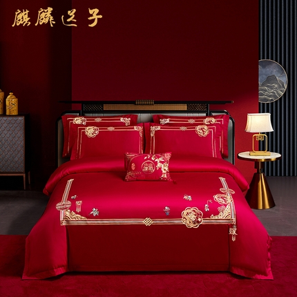 晶缦家纺 2025新款喷气全棉13376婚庆绣花四件套 麒麟送子