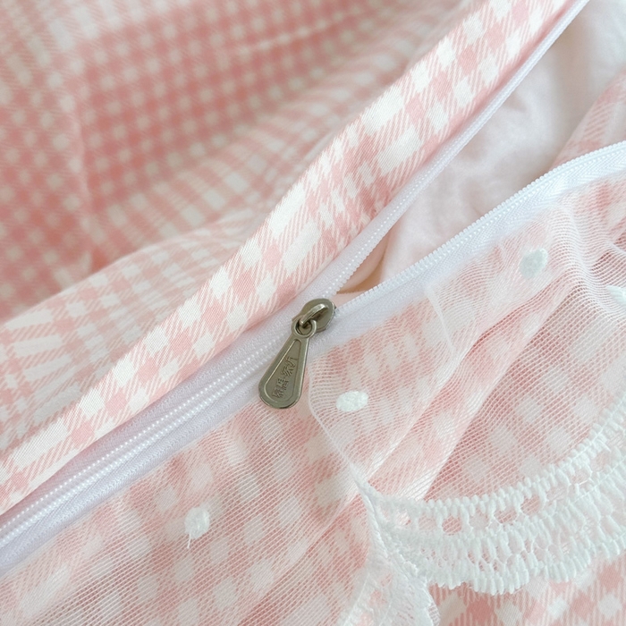 91家纺网 家纺一手货源 找家纺 添越 2024新款雪纺蕾丝款纯棉床盖四件套粉色蝴蝶结