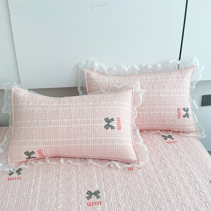 91家纺网 家纺一手货源 找家纺 添越 2024新款雪纺蕾丝款纯棉床盖四件套粉色蝴蝶结