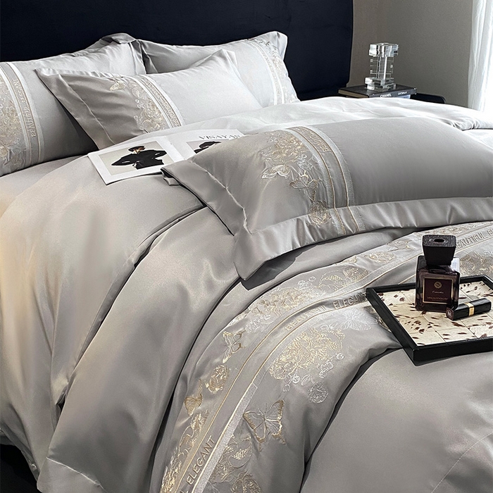 91家纺网 家纺一手货源 找家纺 优悦 2025新款冰丝简奢绣花四件套 巴黎旧梦-灰