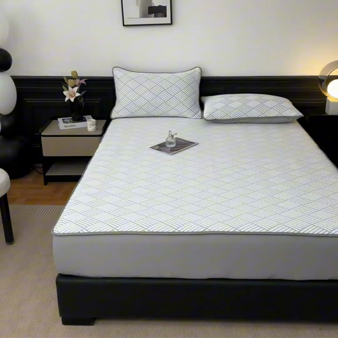 91家纺网 家纺一手货源 找家纺 欧邦 2025新款外贸热销加厚菱形Pe中分子凉感豆豆软席 菱形-绿 床笠款