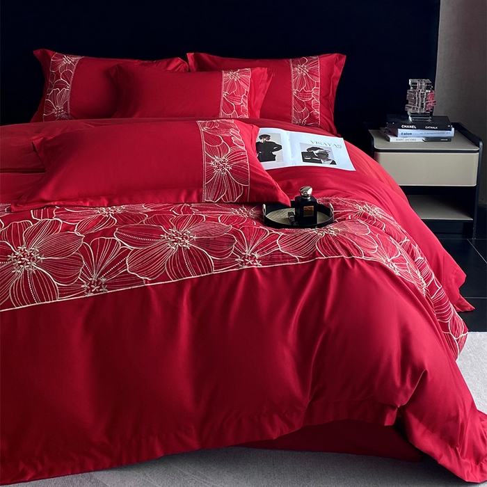 91家纺网 家纺一手货源 找家纺 优悦 2025新款冰丝简奢绣花四件套 北欧情调-红