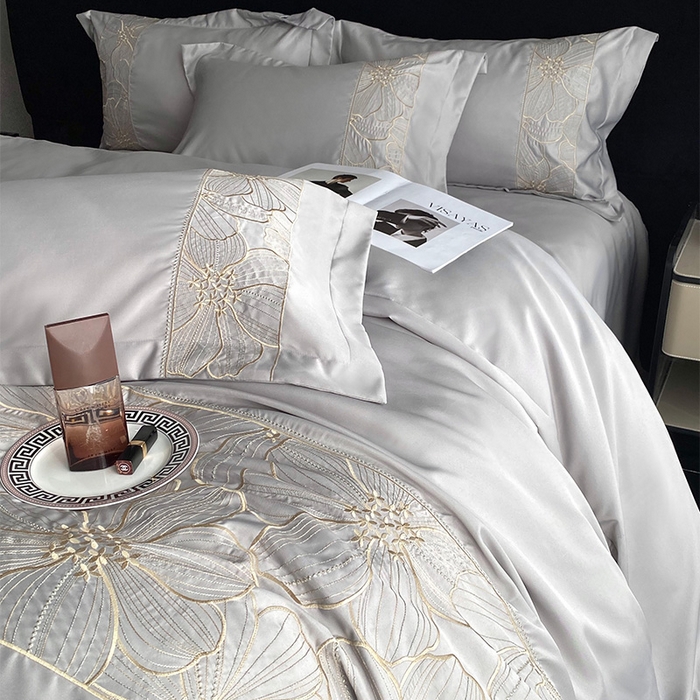 91家纺网 家纺一手货源 找家纺 优悦 2025新款冰丝简奢绣花四件套 北欧情调-灰