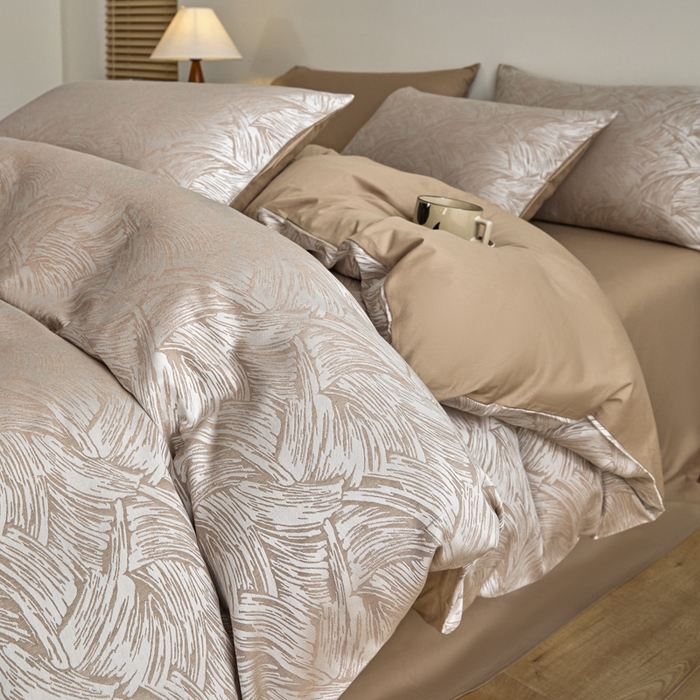 91家纺网 家纺一手货源 找家纺 琪格格纺织  2025新款色织天丝棉提花四件套 幻境-浅棕