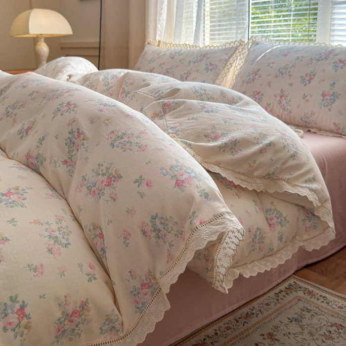 91家纺网 家纺一手货源 找家纺 曼之夏 2025新款A类全棉双层纱花边四件套 茉莉