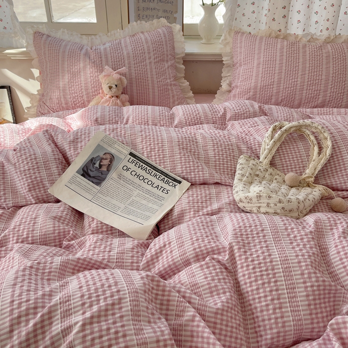 91家纺网 家纺一手货源 找家纺 （总）轻奢坊 2025新款色织提花格子水洗棉仙仙花边安妮四件套