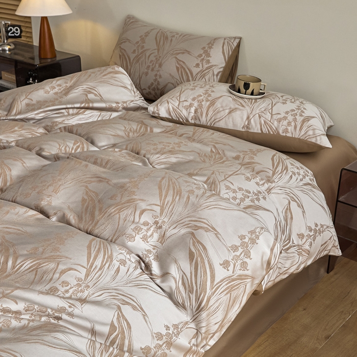 91家纺网 家纺一手货源 找家纺 琪格格纺织  2025新款色织天丝棉提花四件套 风铃草-咖