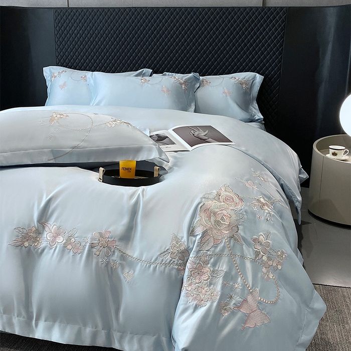 91家纺网 家纺一手货源 找家纺 优悦 2025新款冰丝简奢绣花四件套 雅韵佳人-蓝